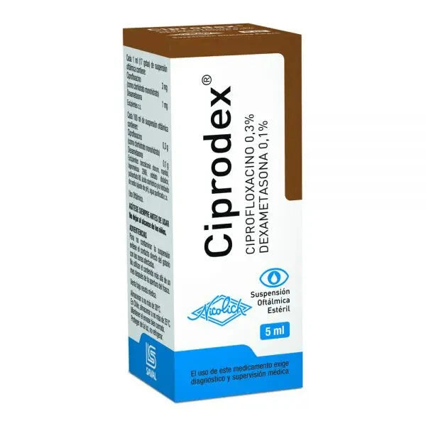 Ciprodex Solución Oftálmica Ciprofloxacino 0,3 g/ Dexametasona 0,1 g x 5 mL "Ley Cenabast" Farmex-MiaHealth-Persistente